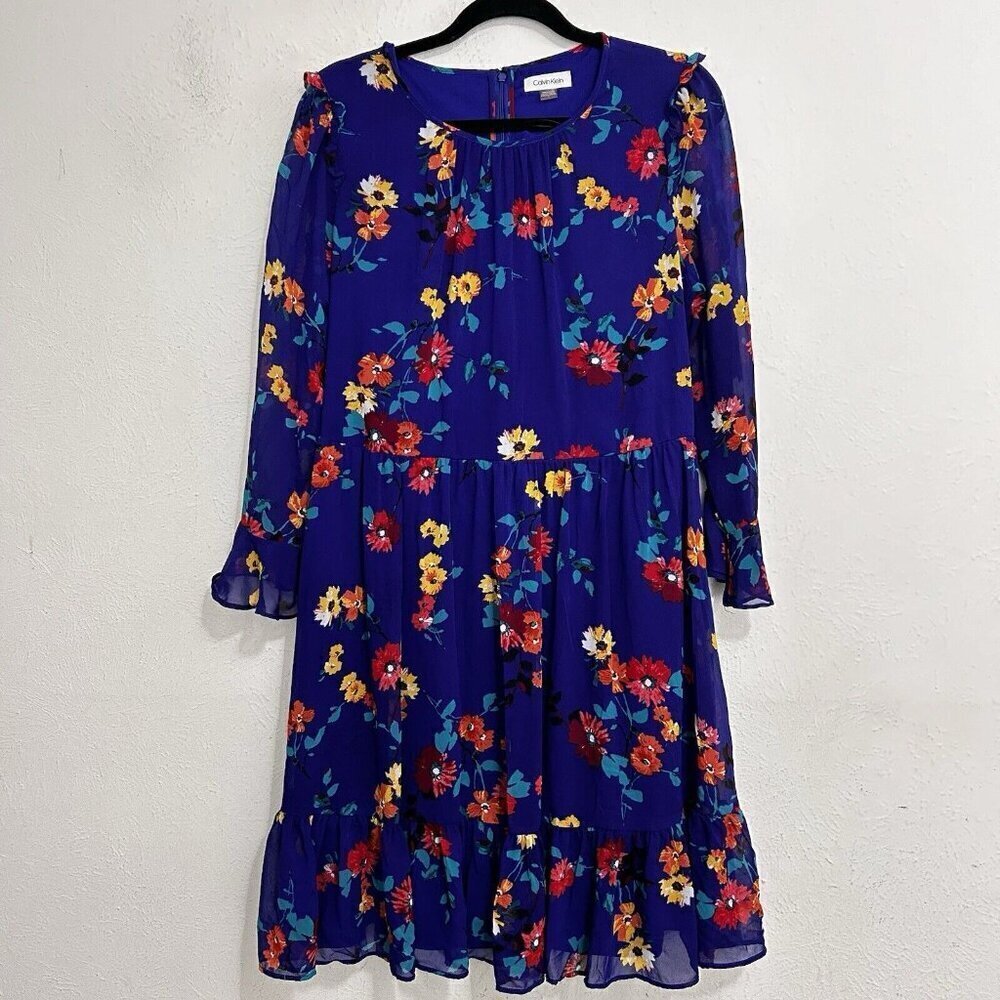 CALVIN KLEIN Bright Blue Multicolor Floral Daisy Shift Dress  Bell Sleeves Sz 10 - Picture 2 of 13